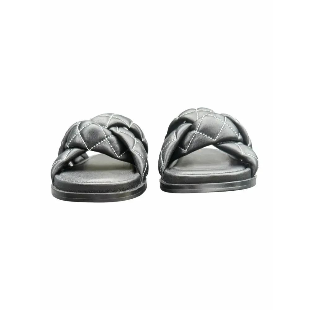 Cecelia New York Ellie Quilted Braided Leather Slide Sandals Black  5.5 NIB